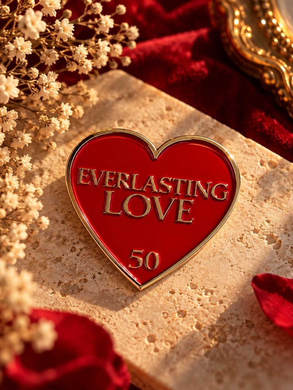 Vintage Red Enamel Heart Lapel Pin "Everlasting Love 50" Gold Tone